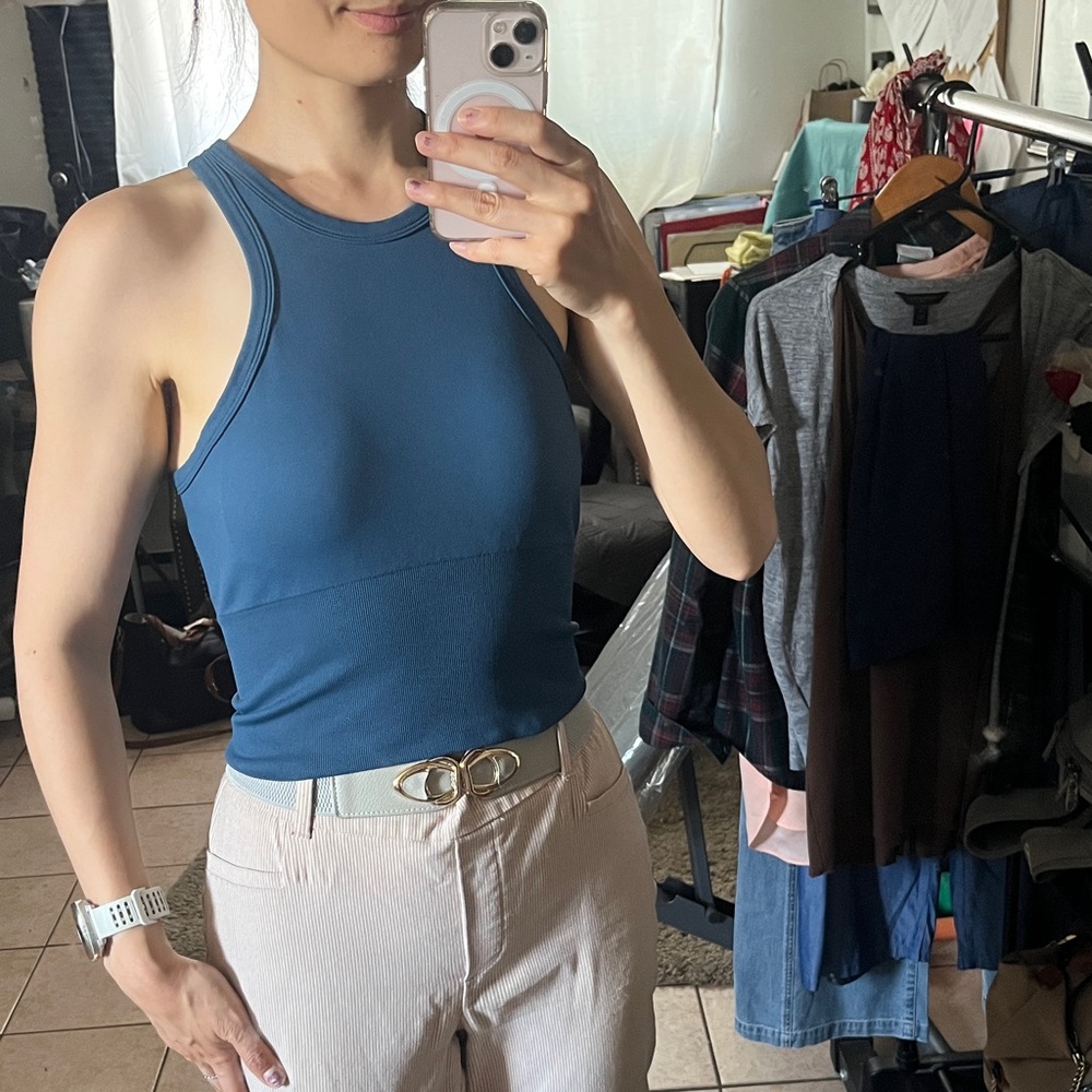 Sleek High-Neck Ribbed Tank Top — Teal Blue
